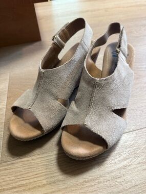Clarks Beige Suede Slingback Wedge Sandals